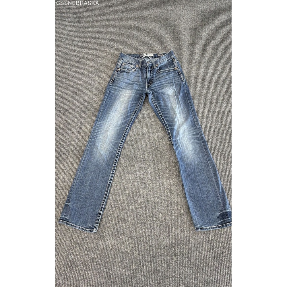BKE Men's Jake Straight Leg Jeans Blue Medium Wash Thick Stitch Distressed 29R